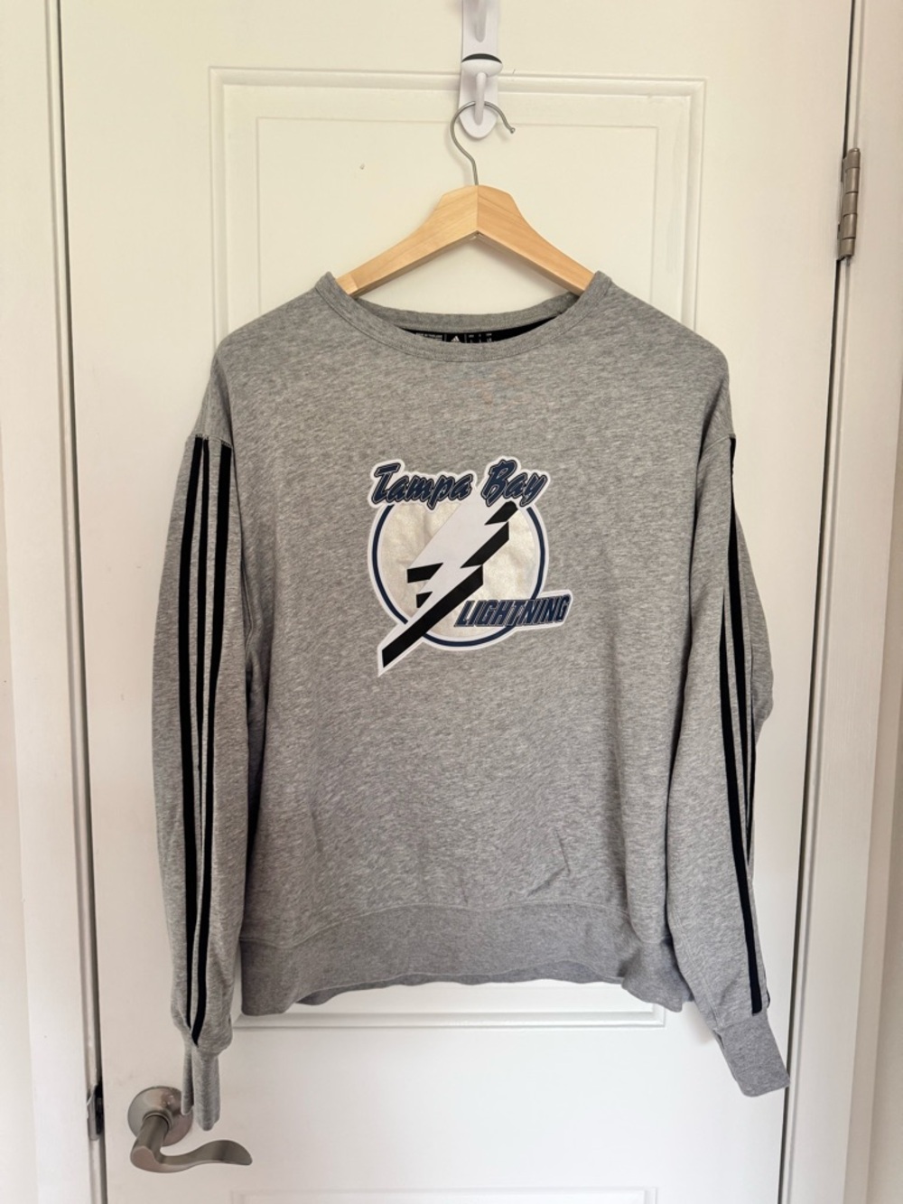 adidas Gray Tampa Bay Lightning Crewneck Sweatshirt with Black Sleeve Stripes